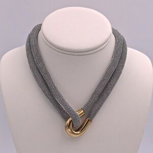 ADAMI & MARTUCCI Silver Mesh Necklace With Large Yellow Gold Loop